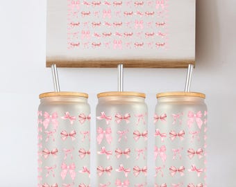 Coquette Bow 16oz Glass Can Sublimation Design, Pink Coffee Glass Cup, Pretty Bows Sublimation Design, Can Tumbler PNG Libby Sparkles