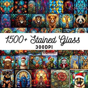 May include: A collage of 16 colourful stained glass images featuring various designs, including animals, religious figures, and nature scenes. The text "1500+ Stained Glass 300DPI" is displayed at the bottom of the image.