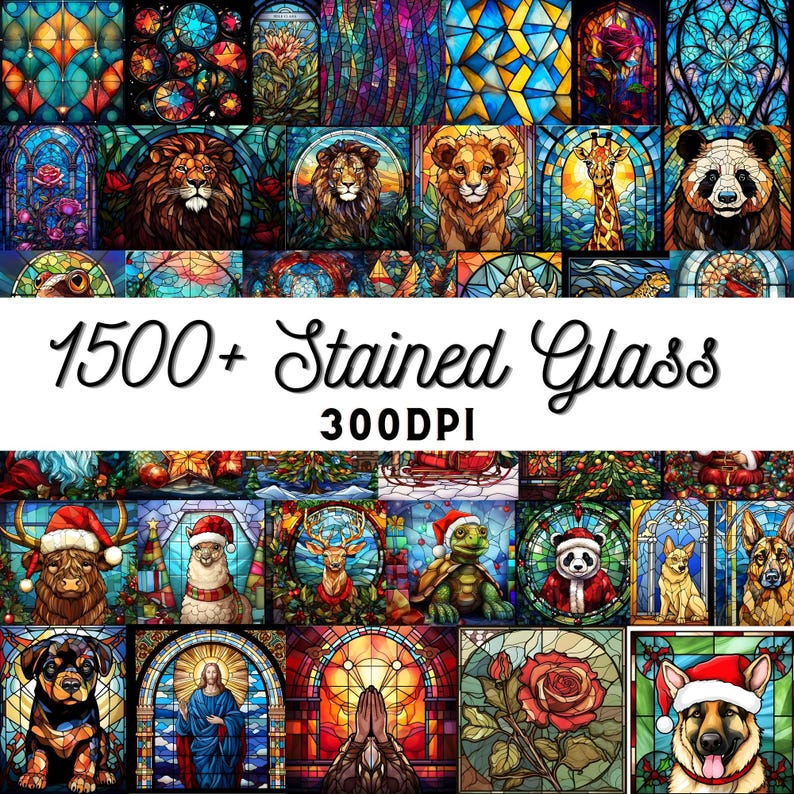 May include: A collage of 16 colorful stained glass images featuring various designs, including animals, religious figures, and nature scenes. The text "1500+ Stained Glass 300DPI" is displayed at the bottom of the image.
