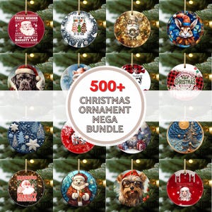 May include: A collection of 500+ Christmas ornament designs. The ornaments feature a variety of themes, including Santa Claus, reindeer, snowmen, and Christmas trees. The ornaments are all round and have a variety of colors and patterns.