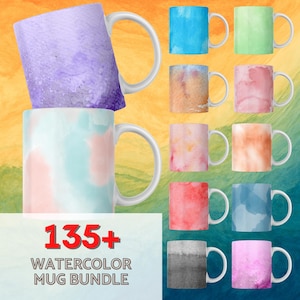 May include: A collection of 135+ watercolor mug designs. The mugs feature a variety of colors and patterns, including blue, green, pink, orange, red, and gray. The mugs are perfect for adding a touch of personality to your kitchen or office.