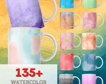 Paquete de más de 135 envoltorios para tazas de acuarela, fondos para tazas de café (descarga enorme), diseños de sublimación PNG, paquete mega