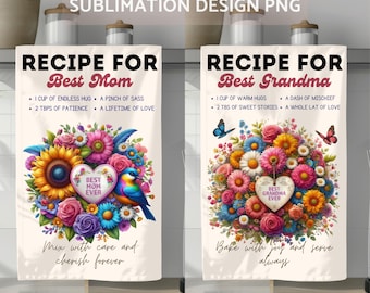 Toalha de Cozinha com Receitas da Mamãe e da Vovó - Design por Sublimação, Decoração para Casa, Impressão, Presente DIY, Download Digital, Modelo PNG para Toalha de Prato com Frase de Cozinha