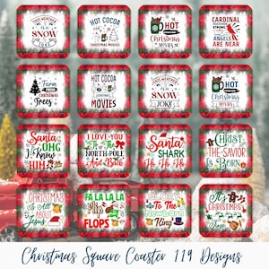 Op de afbeelding: Een verzameling vierkante kerstonderzetters met diverse feestelijke ontwerpen en tekst. Elke onderzetter heeft een rood-zwarte geruite rand en feestelijke zinnen zoals "Hot Cocoa" en "Santa". Perfect voor de feestdagen.