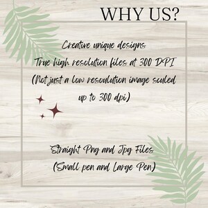 May include: A graphic with the text "WHY US?" on a woodgrain background. The text lists the benefits of purchasing digital designs, including high-resolution files at 300 DPI, creative unique designs, and straight PNG and JPG files.