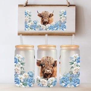Highland Cow Floral, Colorful Spring Flowers Cow16 oz Libbey Frosted Glass Can, Floral Glass Can Sublimation Design PNG Digital Download