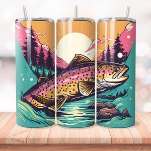 Pu&ograve; includere: Un bicchiere colorato con una trota che salta fuori dall'acqua. Lo sfondo presenta un tramonto, montagne e alberi.