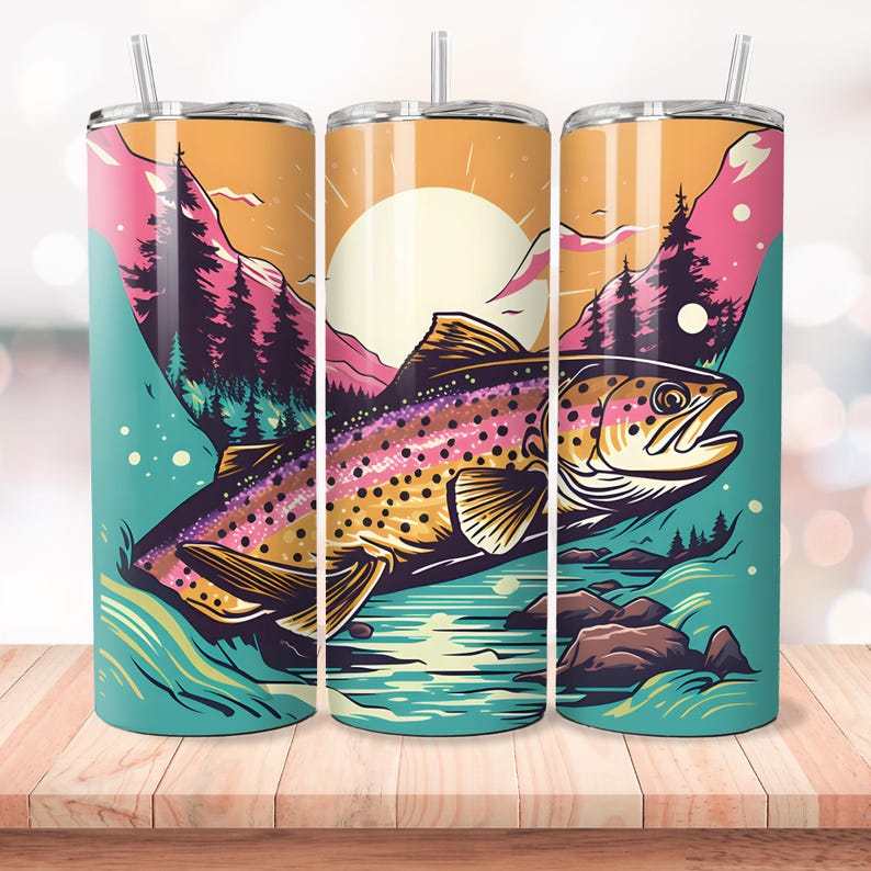 Pu&ograve; includere: Un bicchiere colorato con una trota che salta fuori dall'acqua. Lo sfondo presenta un tramonto, montagne e alberi.