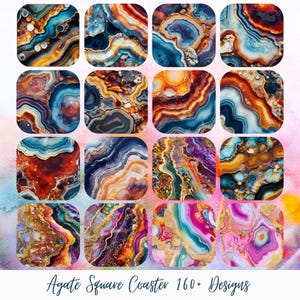 Peut inclure: Une collection de dessous de verre carrés en agate avec une variété de motifs colorés. Les dessous de verre présentent des motifs tourbillonnants dans des tons de bleu, orange, or, violet et rose. Le texte en bas indique "Agate Square Coaster 160+ Designs."