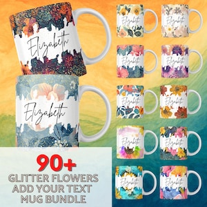 Può includere: Una collezione di tazze a tema floreale con manici bianchi, ognuna con il nome "Elizabeth" in elegante calligrafia. Le tazze presentano vari disegni floreali colorati, con effetti glitter. L'immagine include anche il testo "90+ Glitter Flowers Add Your Text Mug Bundle."
