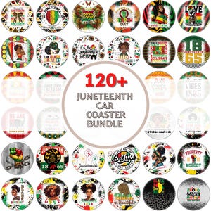 May include: A collection of 120+ round car coasters featuring various designs celebrating Juneteenth. The coasters feature a variety of colors, including red, green, black, and yellow. The designs include text, illustrations, and patterns.