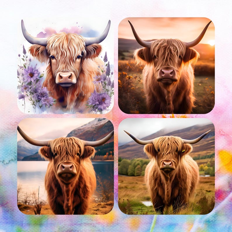 May include: A collage of four images featuring Highland cows. Each image showcases a close-up of a Highland cow with long, shaggy fur and large horns. The backgrounds vary, including floral elements and scenic landscapes.