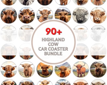 90+ Highland Cow Round Coaster Bundle, Cute Cow Sunflowers Sublimation PNG, Cute Baby Cow Car Coaster Designs, Digital Download