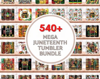 May include: A digital collection of 540+ Juneteenth tumbler designs featuring diverse graphics including raised fists, butterflies, sunflowers, and text such as Peace Love Juneteenth, all displayed in a grid with a central circular label.
