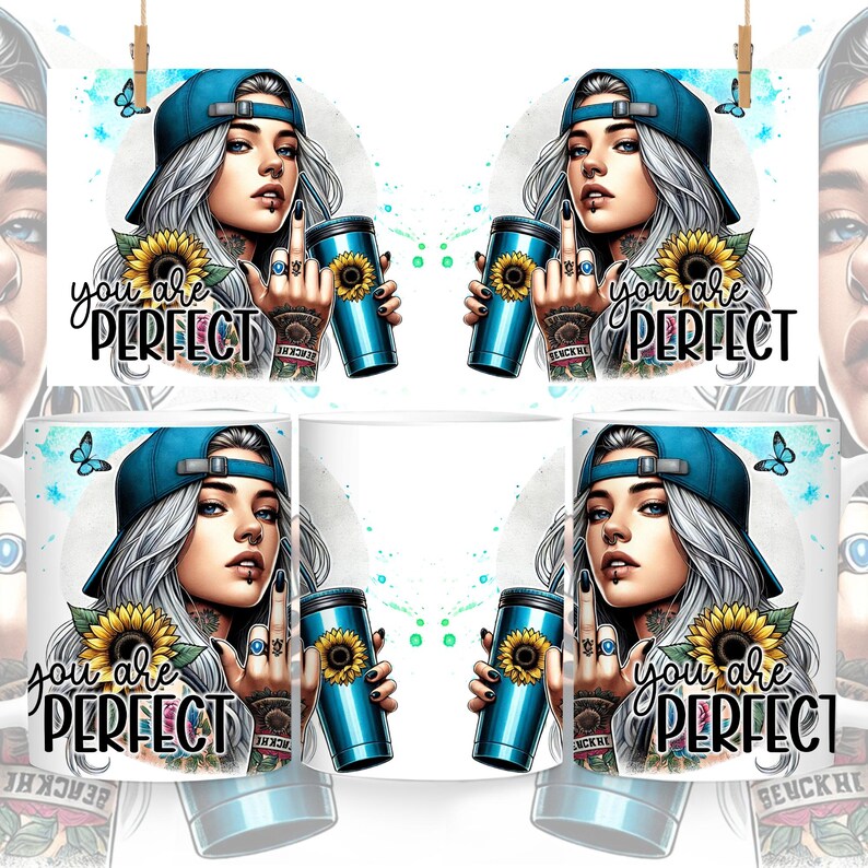 May include: Four white mugs with a design of a woman with blue hair wearing a blue baseball cap and holding a blue tumbler with a sunflower design. The text "you are perfect" is printed on each mug.