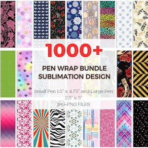 Puede incluir: Un collage de más de 1000 diseños de sublimación para envolturas de bolígrafos. Los diseños incluyen varios patrones, colores y temas. El texto "1000+ PEN WRAP BUNDLE SUBLIMATION DESIGN" se muestra en rojo. El texto "Small Pen 1.5" x 4.75" and Large Pen 2.5" x 5" JPG+PNG FILES" se muestra en negro.