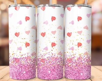 Envoltura para vaso con corazones de San Valentín, diseño de sublimación para vaso delgado de 20 oz, brillo dorado rosa del Día de San Valentín, descarga digital PNG