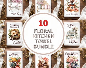 Diseños florales para sublimación en paños de cocina, estampado decorativo para amantes de la cocina y la repostería, plantilla PNG para paños de cocina con frases inspiradoras, descarga digital
