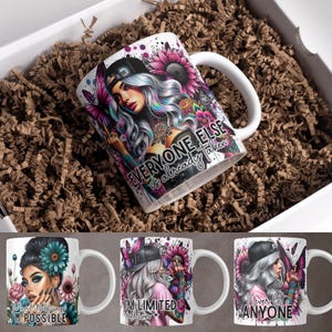 May include: Three white ceramic mugs with colorful graphic designs and text. The first mug features a woman with a colorful floral design and the text "Everyone else is already taken". The second mug features a woman with a colorful floral design and the text "I'm limited edition". The third mug features a woman with a colorful floral design and the text "Never let anyone limit you".