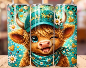 Salty Heifer ハイランド牛タンブラーラップ PNG | 面白いカウガール 20オンス スキニータンブラー昇華プリント | かわいいウエスタン牛ターコイズハット インスタントダウンロード
