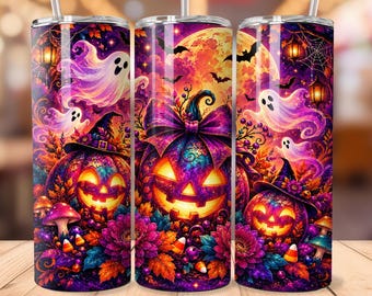 Vibrant Halloween Tumbler Wrap, Jack O Lantern 20oz Skinny Tumbler PNG, Colorful Ghost Pumpkin Sublimation Design, Spooky Digital Download