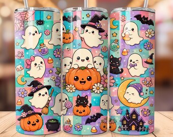 Cute Ghost Halloween Tumbler Wrap, Pastel Kawaii Ghost 20oz Skinny Tumbler, Pink Pumpkin Spooky Season Sublimation Design