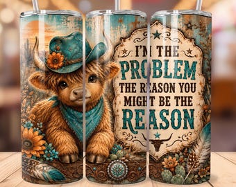 Highland Cow Tumbler Wrap, Western Cowgirl 20oz Skinny Tumbler PNG, Funny Cow Sublimation Design, Rustic Digital Download