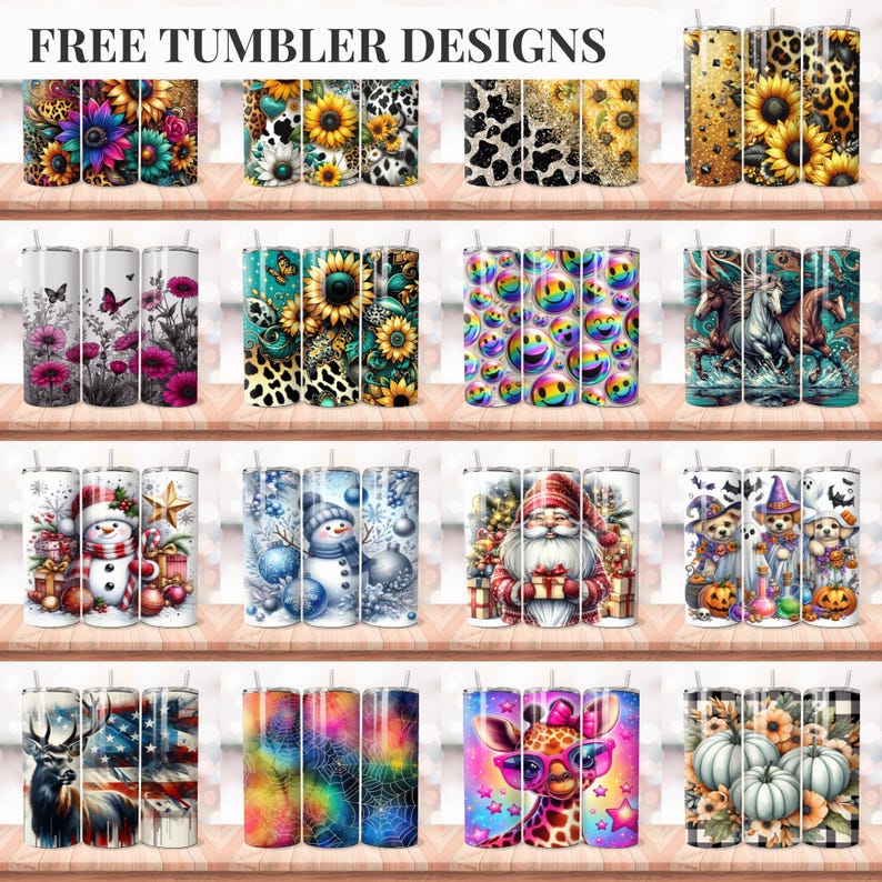 May include: A collection of 12 different designs for tumblers. The designs include sunflowers, butterflies, snowmen, Santa Claus, pumpkins, and a giraffe. The tumblers are all white with a variety of colorful designs.