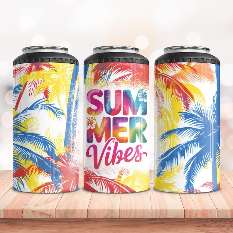 Pu&ograve; includere: Tre portabevande con parte superiore nera e un colorato design tropicale. Il design presenta palme gialle, rosse e blu, con le parole "SUMMER VIBES" in un carattere tie-dye.