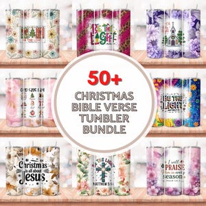Puede incluir: Una colección de vasos de Navidad con varios diseños, incluyendo patrones florales, citas religiosas y gráficos festivos. Los vasos presentan frases como "Be the Light" y "Christmas is all about Jesus". El paquete incluye más de 50 diseños.