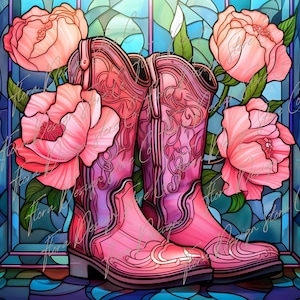 May include: A pair of pink cowboy boots with intricate floral designs, set against a stained glass background with pink flowers.
