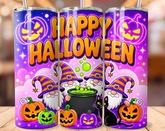 ハッピーハロウィンノームタンブラーラップ、ネオンパンプキンブラックキャットデザイン、かわいい20オンススキニータンブラー昇華PNG