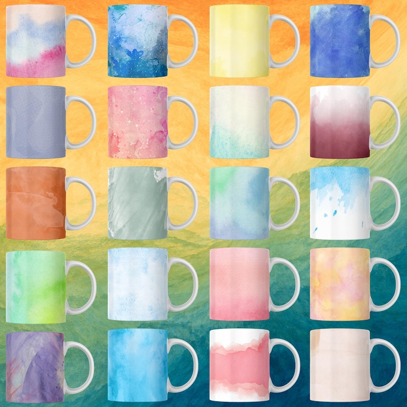 May include: Set of 20 watercolor mugs with various colors and designs. Each mug features a unique watercolor pattern, including shades of blue, green, pink, orange, and purple.