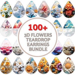 May include: A collection of over 100 teardrop-shaped earrings featuring 3D floral designs. The earrings showcase various flowers, including daisies, roses, and sunflowers, in vibrant colors. The text "100+ 3D FLOWERS TEARDROP EARRINGS BUNDLE" is displayed in a circular frame.