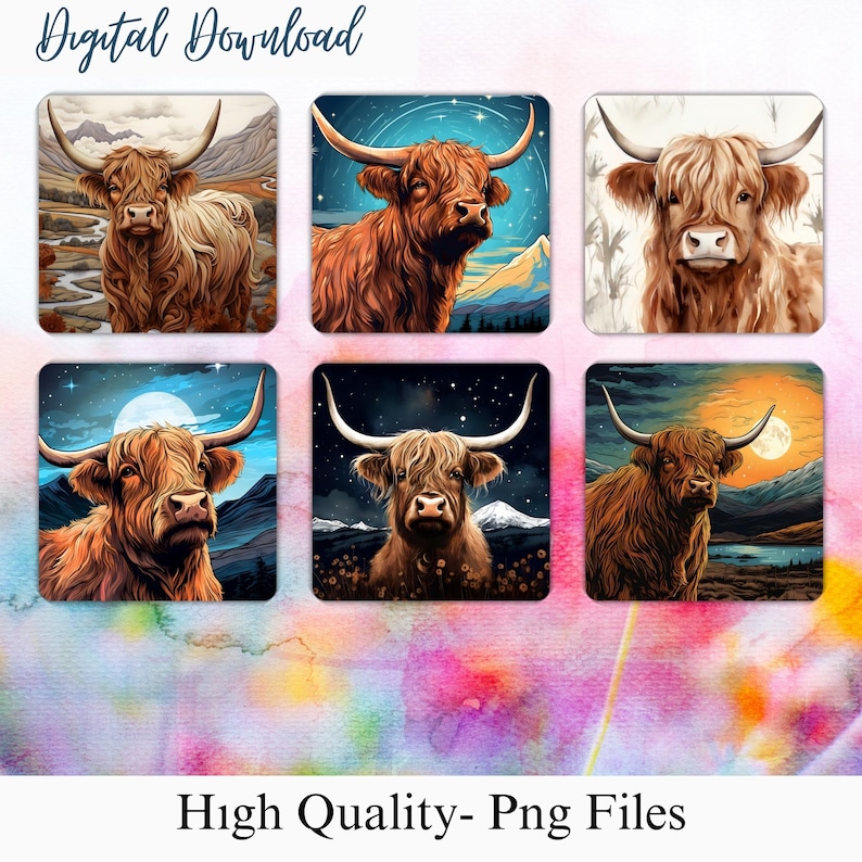 May include: A collection of six square digital downloads featuring illustrations of Highland cows in various scenic settings. The cows are depicted with long, shaggy brown fur and large horns. The text "Digital Download" and "High Quality- Png Files" are visible.