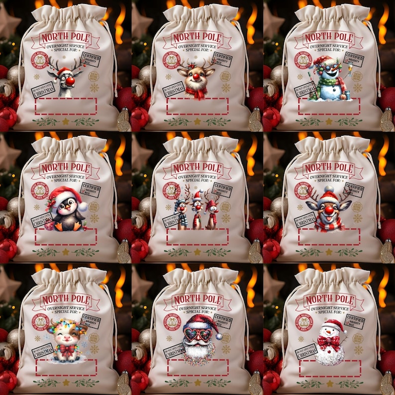 Puede incluir: Nueve bolsas de regalo de Navidad diferentes con varios personajes navide&ntilde;os impresos en ellas. Las bolsas est&aacute;n hechas de un material de lona natural y tienen un cierre de cord&oacute;n. Los personajes incluyen un mu&ntilde;eco de nieve, un ping&uuml;ino, un reno, un Pap&aacute; Noel y una vaca.