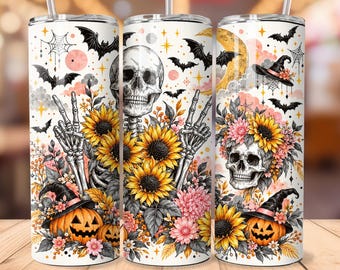 Skeleton Sunflower Halloween Tumbler Wrap PNG, Floral Skull 20oz Skinny Tumbler Design, Witchy Pumpkin Sublimation, Spooky Fall Download