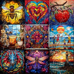 May include: A collage of nine stained glass images. The images include a bee, a heart, an apple, a cup of tea, a floral design, a beach scene, a dragon, a dragonfly, and a lighthouse.