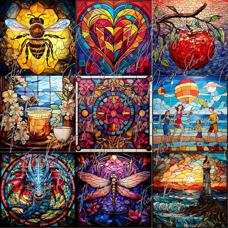 May include: A collage of nine stained glass images. The images include a bee, a heart, an apple, a cup of tea, a floral design, a beach scene, a dragon, a dragonfly, and a lighthouse.
