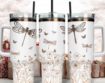 Wildflowers Laser Tumbler Wrap SVG for Laser Rotary, Seamless Design, Dragonfly Floral Engraved Full Wrap for 40oz Cup, Digital Download