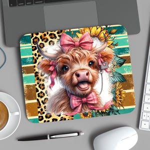 Highland Cow Mouse Pad Sublimation, Baby Cow with Sunflower Coffee Sublimation for Crafts, Cute Mousepad PNG Design, Digital Download