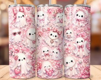 Pink Ghost Tumbler Wrap, Coquette Halloween 20oz Skinny Tumbler PNG, Cute Girly Ghost Sublimation Design, Spooky Season Digital Download