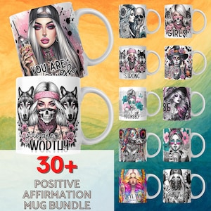 May include: A set of 30+ white ceramic mugs featuring colourful designs and positive affirmations. The mugs depict various illustrations of women, skulls, wolves, and flowers. The text on the mugs includes phrases such as "You are Worthy", "Be Yourself", "Strong", and "Girls!".
