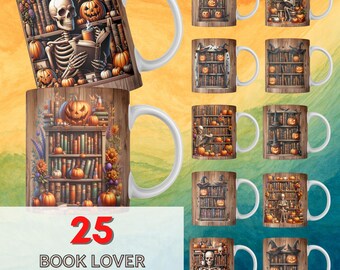 Paquete de envolturas para tazas con forma de libro 3D, sublimación de tazas con forma de estantería, diseños de sublimación para tazas de 15 y 11 oz, descarga digital