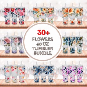 May include: A set of 30+ 40 oz tumblers with floral designs. The tumblers are white with a variety of floral patterns in pink, blue, and orange. The tumblers have a handle and a lid with a straw.
