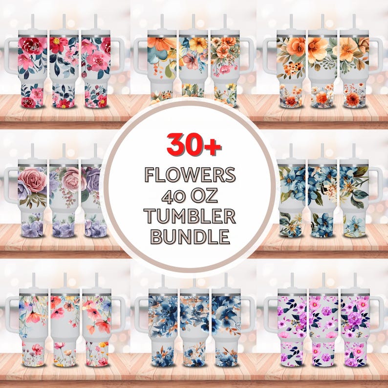 May include: A set of 30+ 40 oz tumblers with floral designs. The tumblers are white with a variety of floral patterns in pink, blue, and orange. The tumblers have a handle and a lid with a straw.