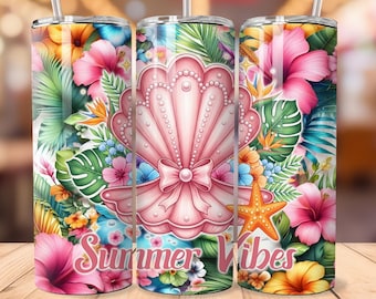Sommarvibbar Tumbler Wrap, 20 oz smal tumbler PNG, sommar tumbler wrap hibiskus sublimeringsdesign tropiska blommor, digital nedladdning