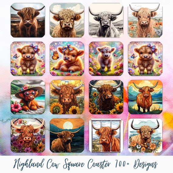 Cow Square Coaster Bundle, Highland Cow Coasters png, dairy Cow Coaster Design png, Farm Cow Square Coaster Sublimation Designs Downlaoad