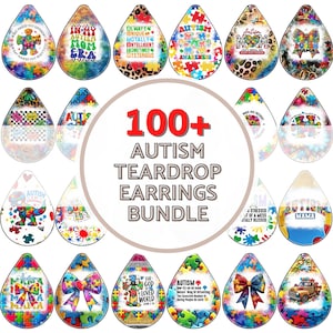 May include: A collection of over 100 autism awareness teardrop earrings. Each earring features unique designs with puzzle pieces, inspirational quotes, and colorful graphics. The earrings are designed with various colors and patterns.