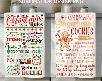 Toalla navideña (PNG), Receta de galletas de jengibre (PNG), Diseños de sublimación de toallas de cocina navideñas, Juego de dos, Descarga instantánea